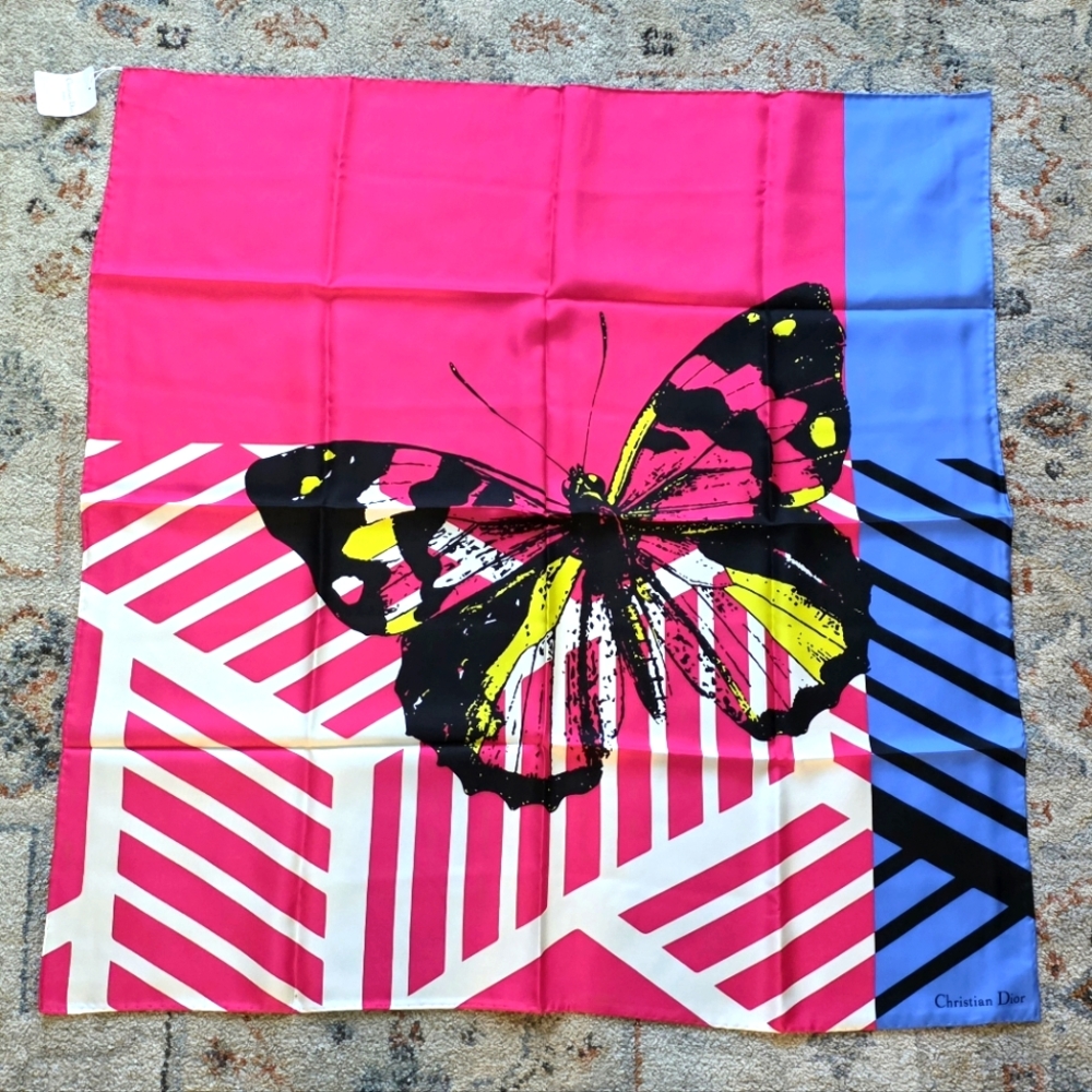 NWT 2022 Christian Dior Silk Large Pink and Blue Butterfly Scarf/Shawl!
